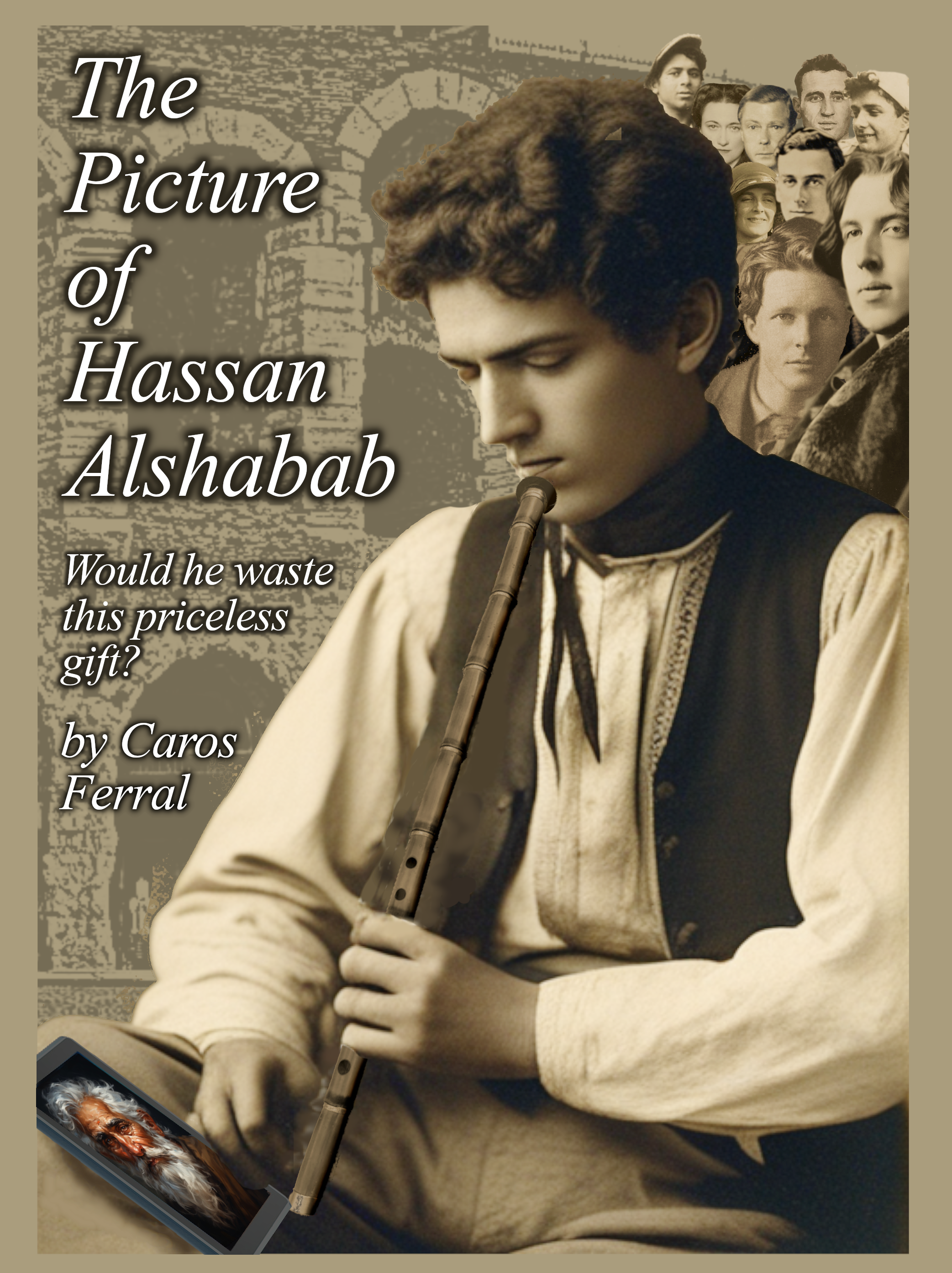 A handsome Middle Eastern youth with a flute looks at a picture of an old man. Behind him are Oscar Wilde, Rupert Brooke, Lord and Lady Mountbatten, and others